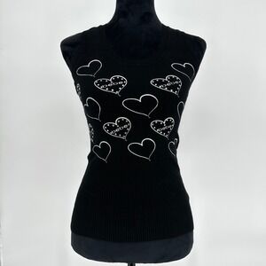 Y2K Bebe Black Wife Beater Black Tank Top Silver Heart Print Rhinestone Fitted M